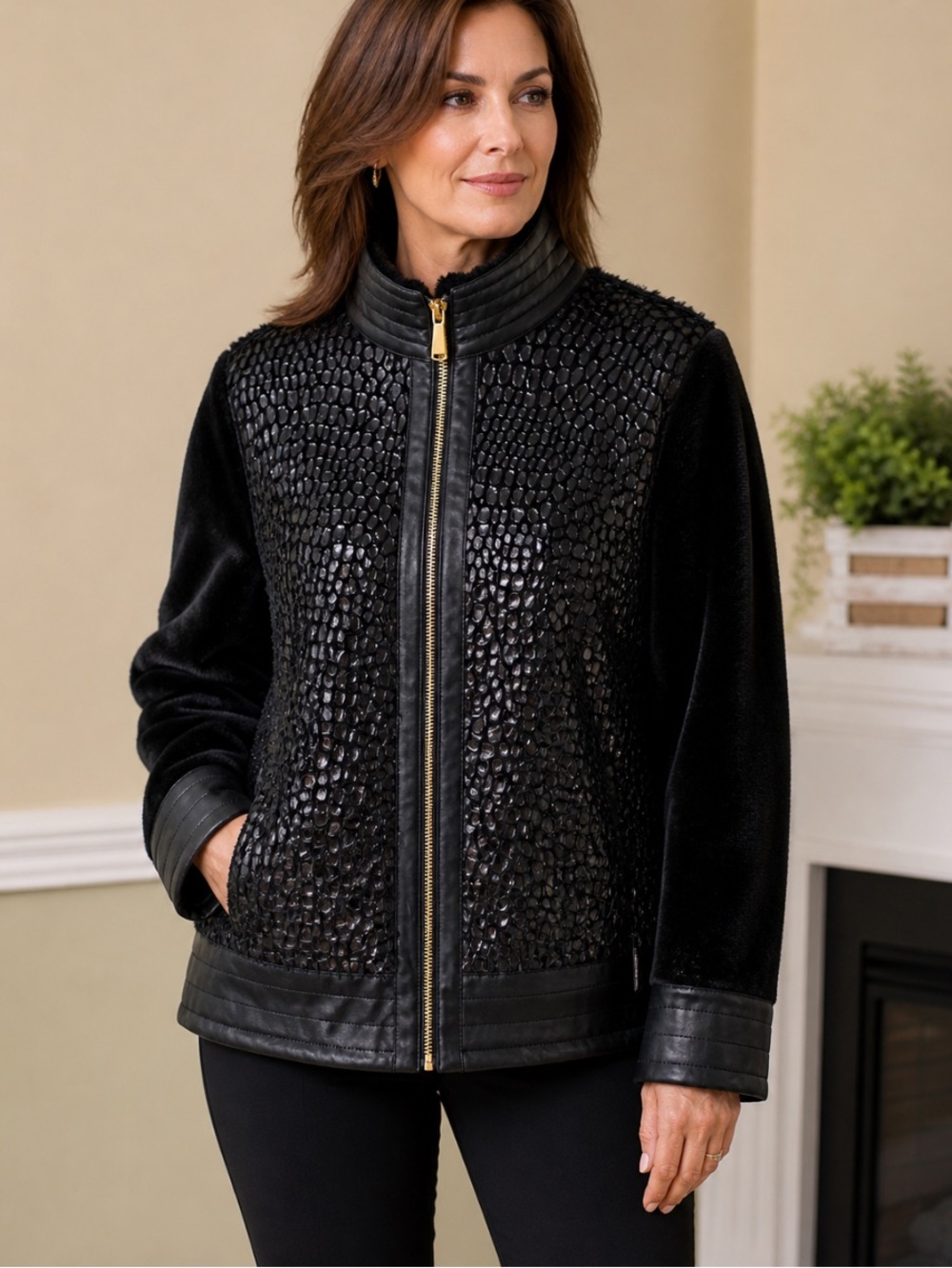 COLLEEN LOPEZ Black Leather & Fur Zip-Front Mixed Media Jacket Size 16 NWOT